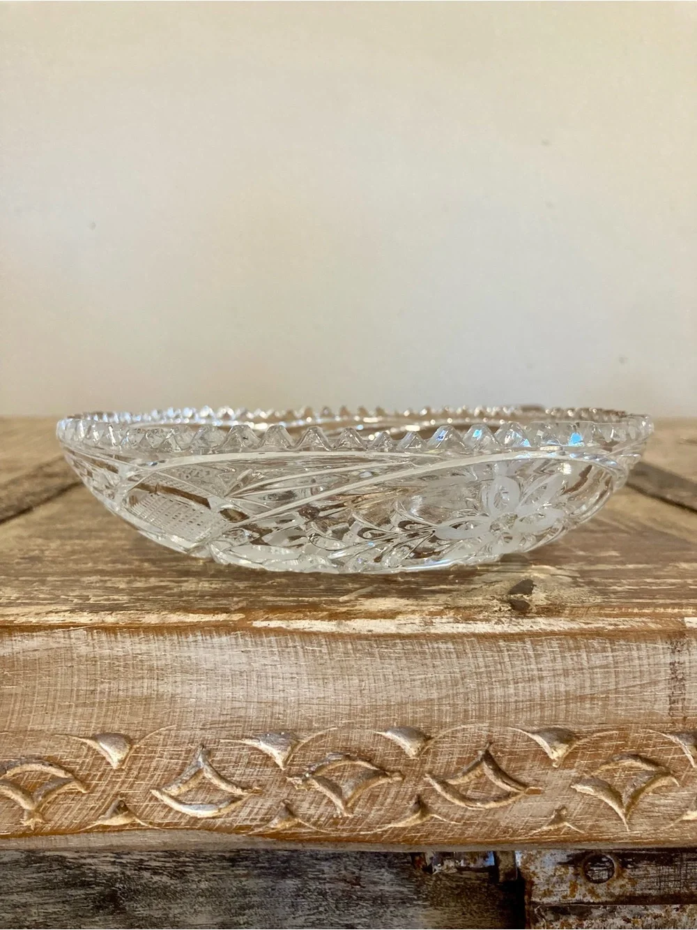 Cut Glass Floral Pattern With Sawtooth Edge 6”